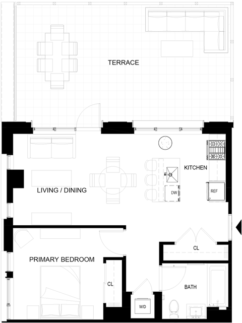 Floor plan for 1 bed, 1 bath, 608 sqft